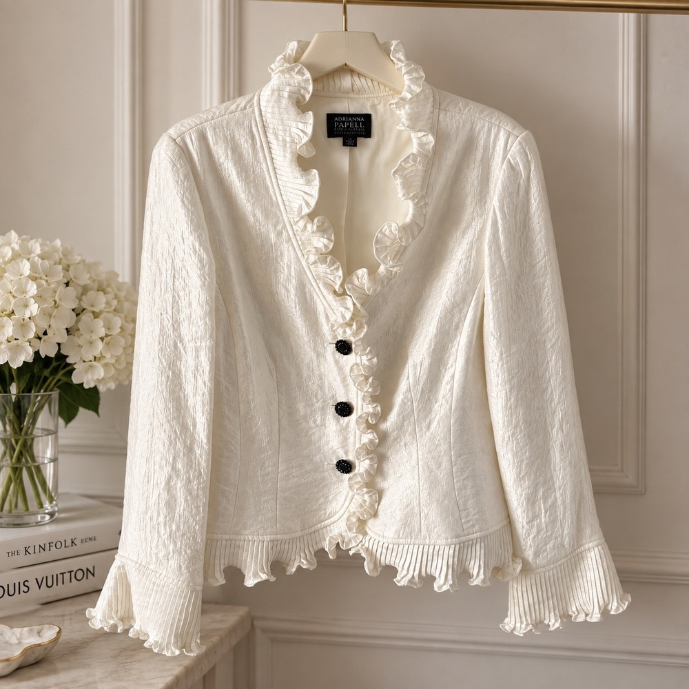 Adrianna Papell Evening Ivory Ruffle Jacket Size 14 Jeweled Button Formal Bridal